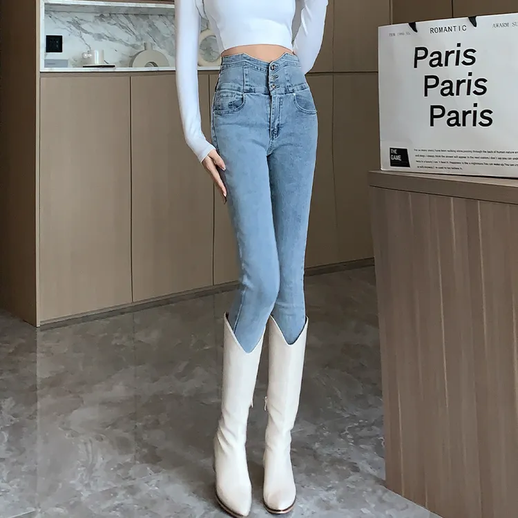 浅蓝色高腰显瘦微喇小脚牛仔裤小个子秋季紧身裤子爆款百搭铅笔裤