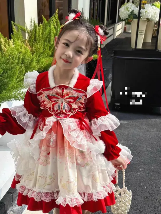 洛阳牡丹刺绣汉服裙加绒年款连衣裙洛丽塔女童马面裙女宝马面裙