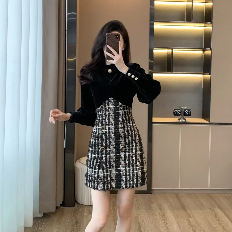 秋季新款法式复古赫本风礼服连衣裙女名媛高端气质金丝绒拼接裙子