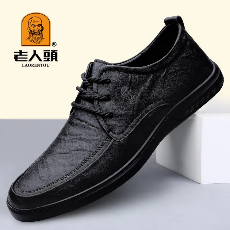 老人头皮鞋男士春秋2025新款真皮软底商务休闲鞋头层牛皮透气男鞋