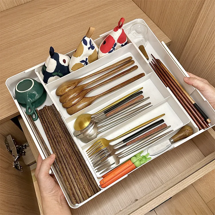 拾物造家日式抽屉分格可伸缩收纳盒化妆品内置三分隔整理餐具筷勺