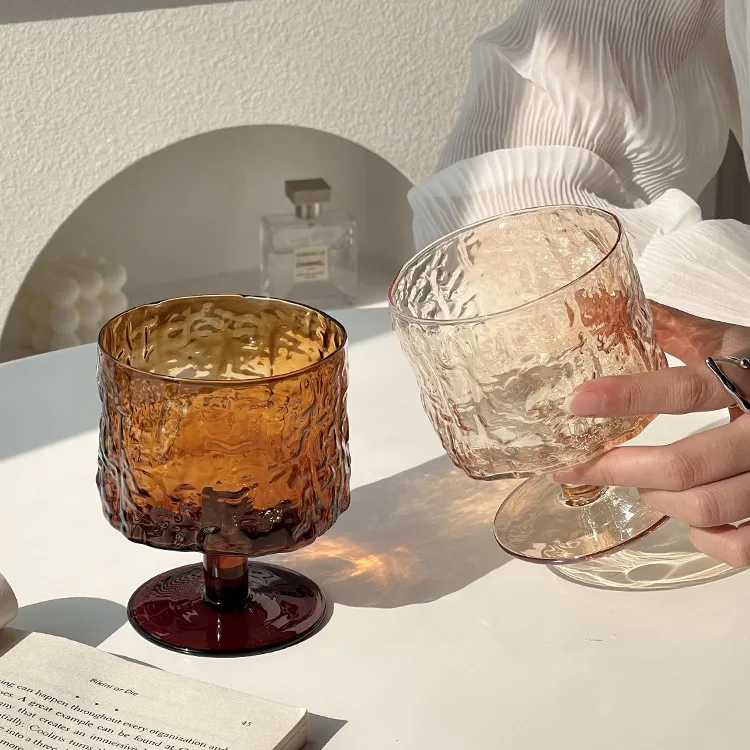 树皮高脚杯中古小众设计感条纹玻璃气泡水杯咖啡杯高颜值喝酒杯子