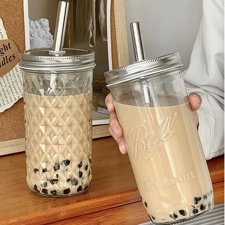珍珠奶茶杯 加粗吸管玻璃杯子ins风梅森杯咖啡杯大容量冷饮果汁杯
