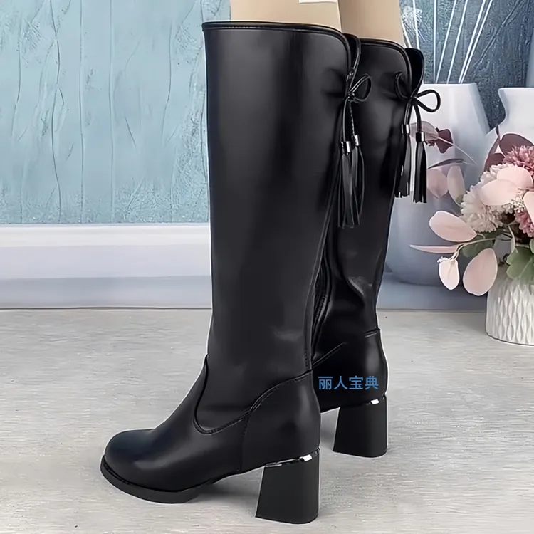 中筒靴女2025秋冬新款中低跟侧拉链大弹力显瘦加绒不过膝长筒靴子