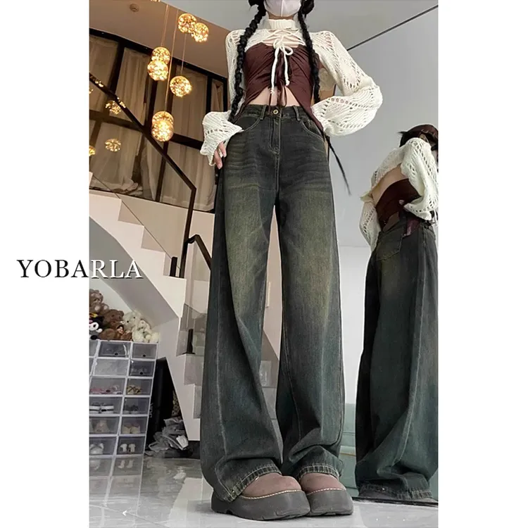 水泥灰直筒牛仔裤女冬季加绒大码高腰宽松显瘦梨形身材阔腿裤子