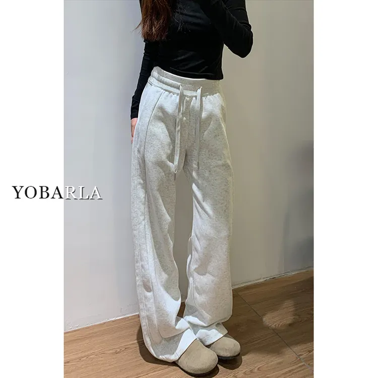 灰色运动休闲裤女秋冬加绒胖mm大码显瘦梨形身材宽松阔腿卫裤子