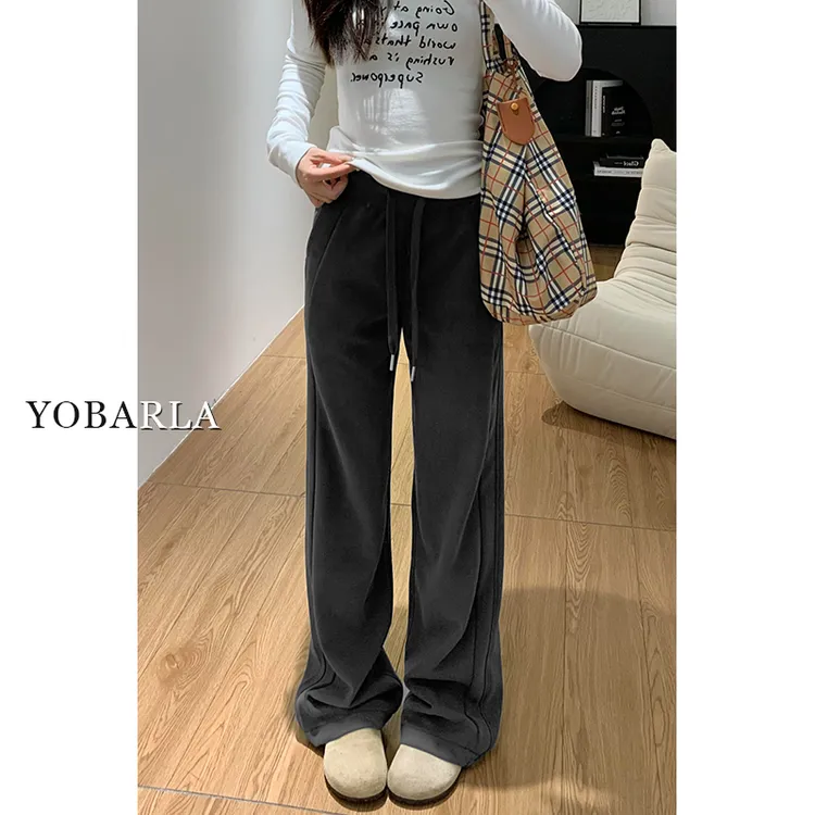 深灰色休闲裤女秋冬加绒胖mm大码女装宽松显瘦梨形身材阔腿卫裤子