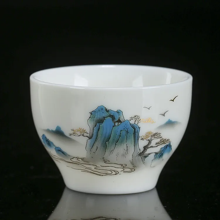 大号德化描金羊脂玉白瓷茶杯高档陶瓷品茗杯主人杯泡茶杯喝茶杯