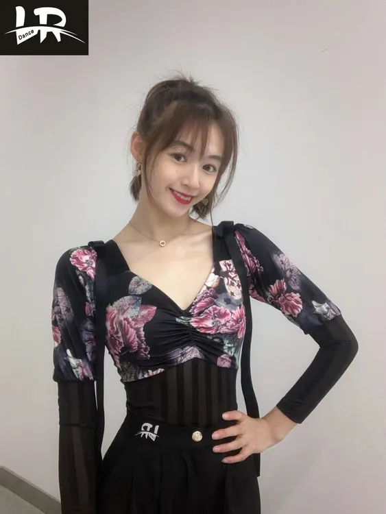 长袖摩登上衣印花牡丹肩部蝴蝶结飘带有胸垫底裤修身洋气跳舞上衣