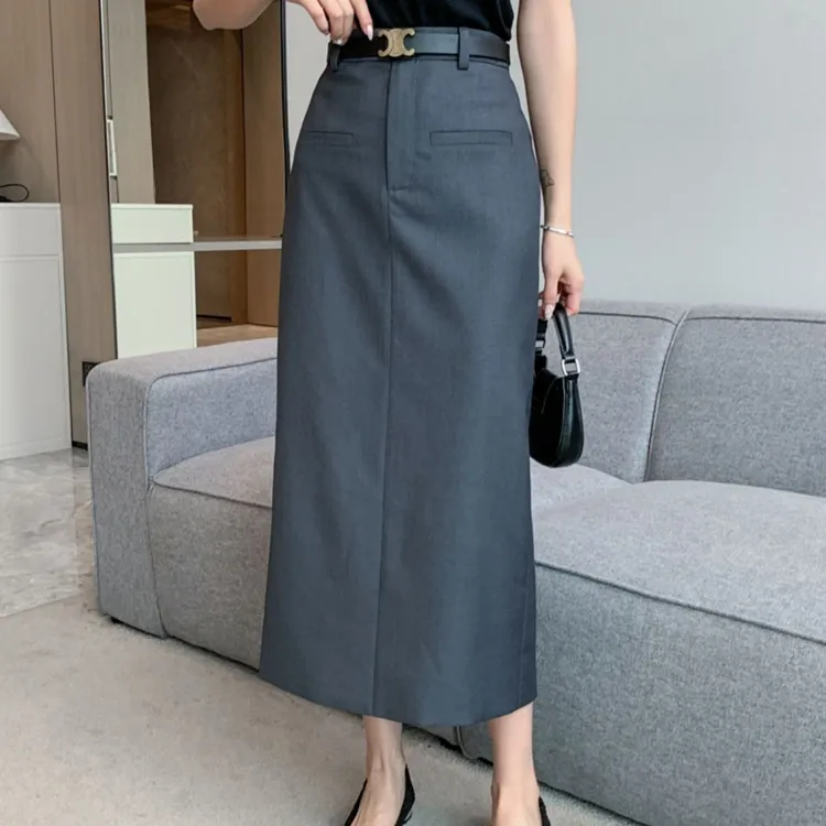 西装半身裙女2025春秋季新款高腰垂坠感中长款灰色一步包臀长裙子