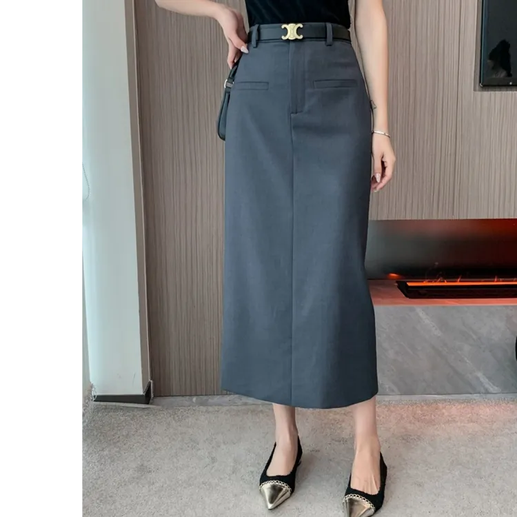 灰色西装半身裙春秋高腰显瘦包臀开叉长裙子通勤显瘦气质中长半裙