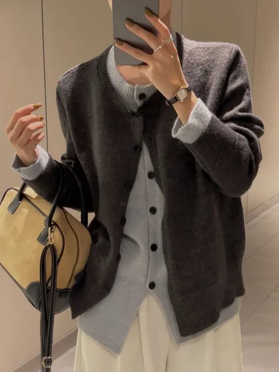 春秋假两件针织开衫毛衣女秋季2025圆领设计感百搭显瘦洋气长袖