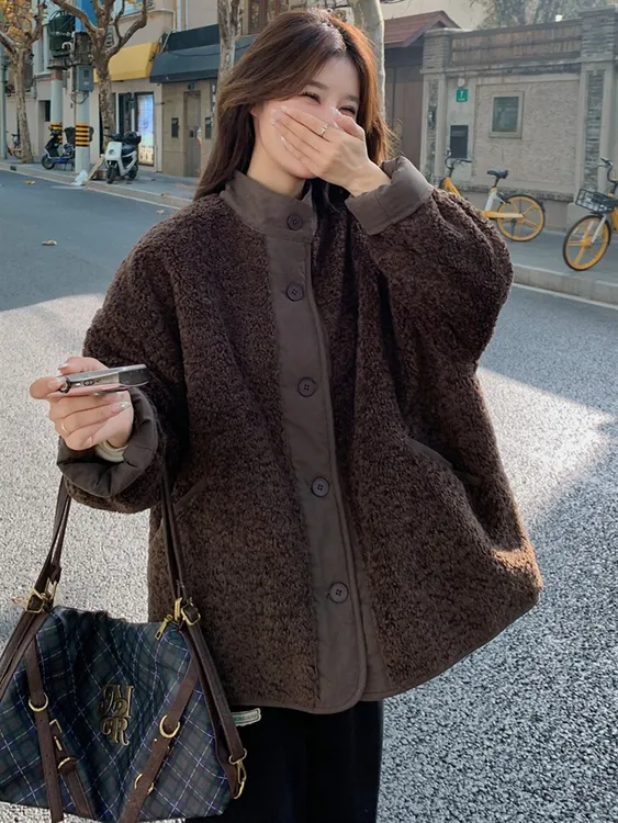 咖色复古两面穿羊羔毛外套女秋冬款2025新款小个子韩系颗粒绒上衣