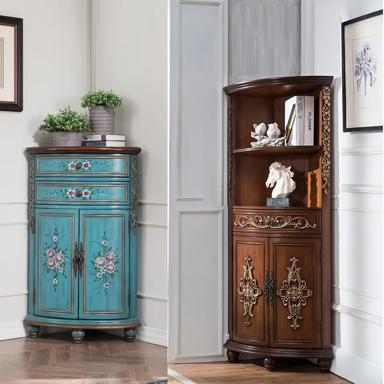 美式彩绘角柜墙角柜置物架三角柜欧式复古转角柜实木储物柜客厅