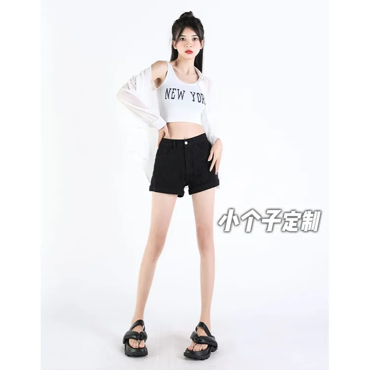 150瘦小个子黑色牛仔短裤女高腰直筒修身包臀热裤xs显高搭配夏季