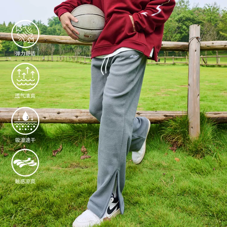 WABRAVE摇粒绒长裤宽松运动健身跑步户外运动保暖拉链直筒加绒