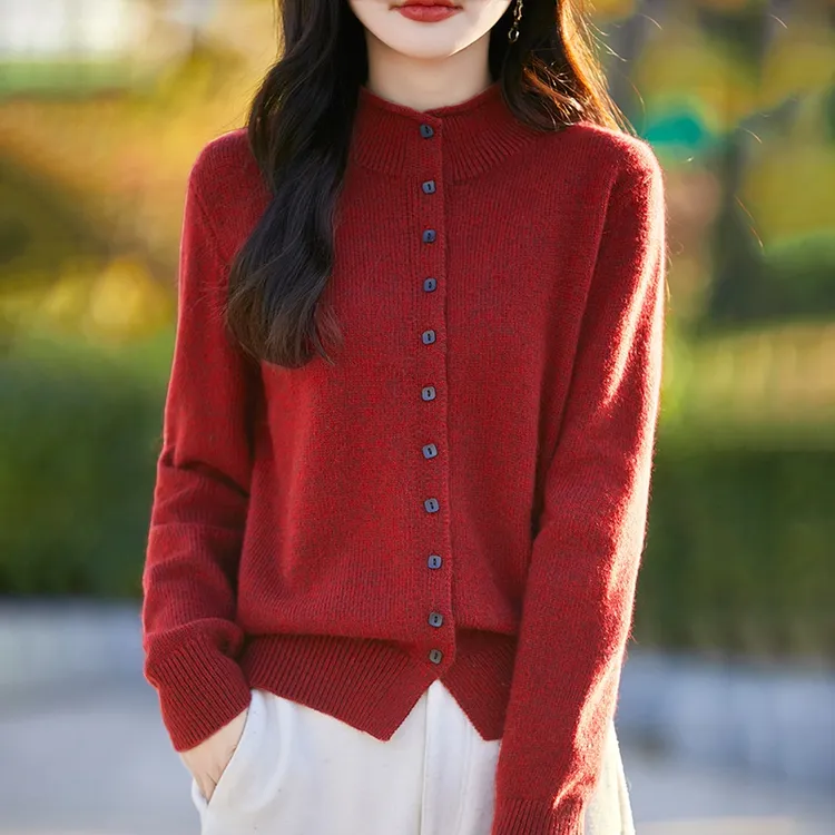 2024新款花纱加厚卷边开衫纯色针织开衫外套秋冬年款红色毛衣外套