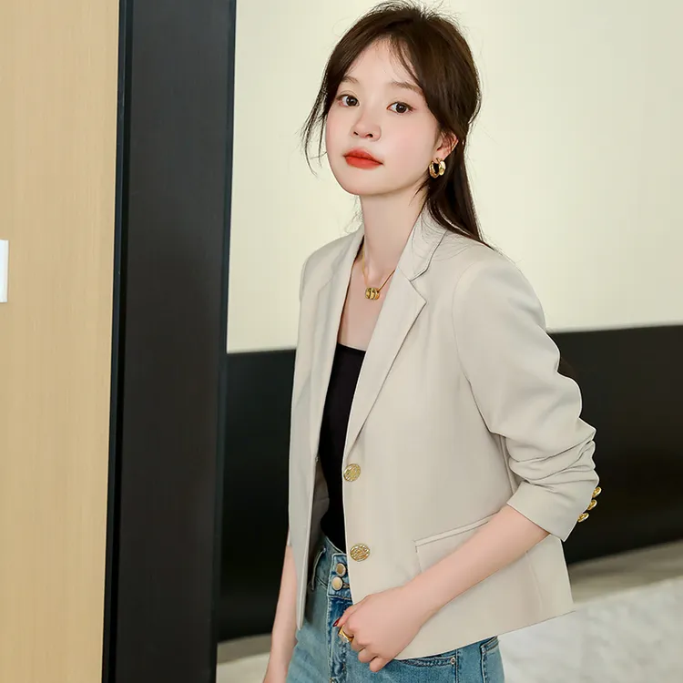 小个子短款米白色西装外套女2025春秋新款高级感气质休闲西服上衣