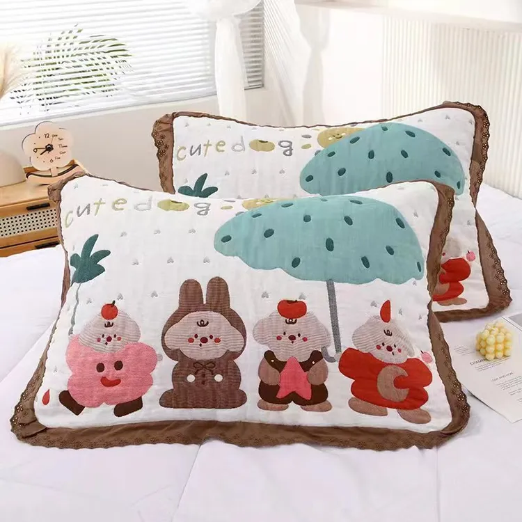 a类云朵泡芙纱布枕巾一对装纯棉花边柔软可爱时尚学生宿舍枕头巾