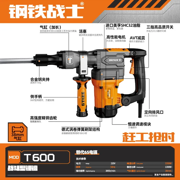 钢铁战士t600破拆大功率耐用工业正品电镐高硬度打混凝土减震省力