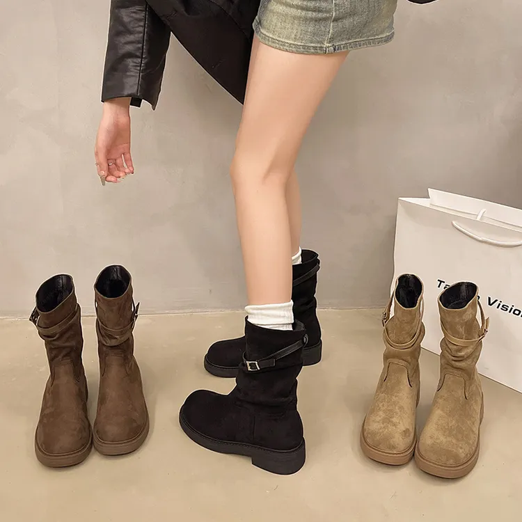 短靴女百搭2024年秋冬季新款加绒瘦瘦靴复古中筒时尚英伦风显瘦