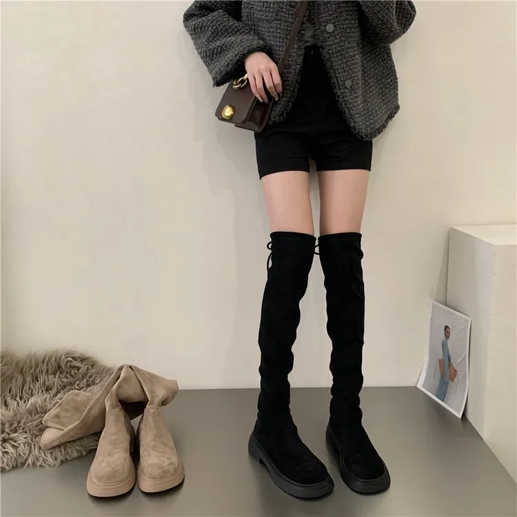 韩版过膝长靴女靴厚底高筒靴春夏新款瘦瘦靴法式绒面弹力靴长筒靴
