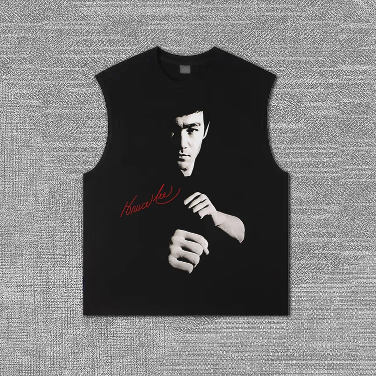 李小龙重磅夏季棉背心复古美式休闲宽松透气开衩坎肩无袖T恤ins