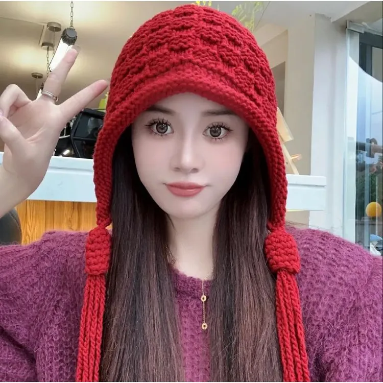 秋冬流苏毛线帽花朵包头护耳帽女吊坠百搭针织帽甜美优雅手工保暖