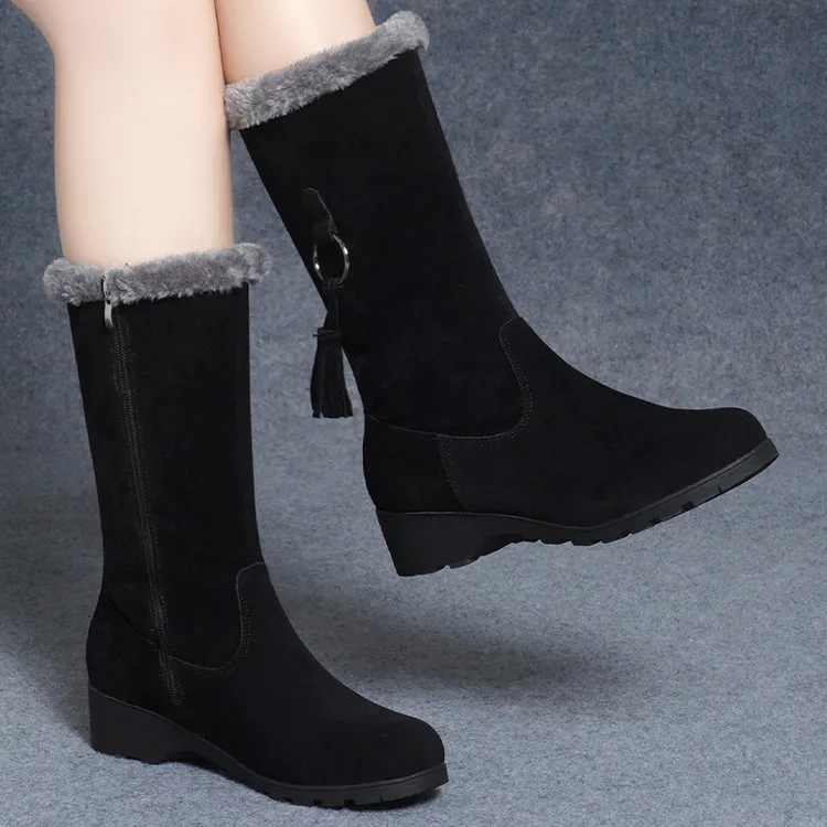 断码清仓全牛皮时尚真皮厚底坡跟雪地靴女中筒靴冬季加绒保暖棉鞋