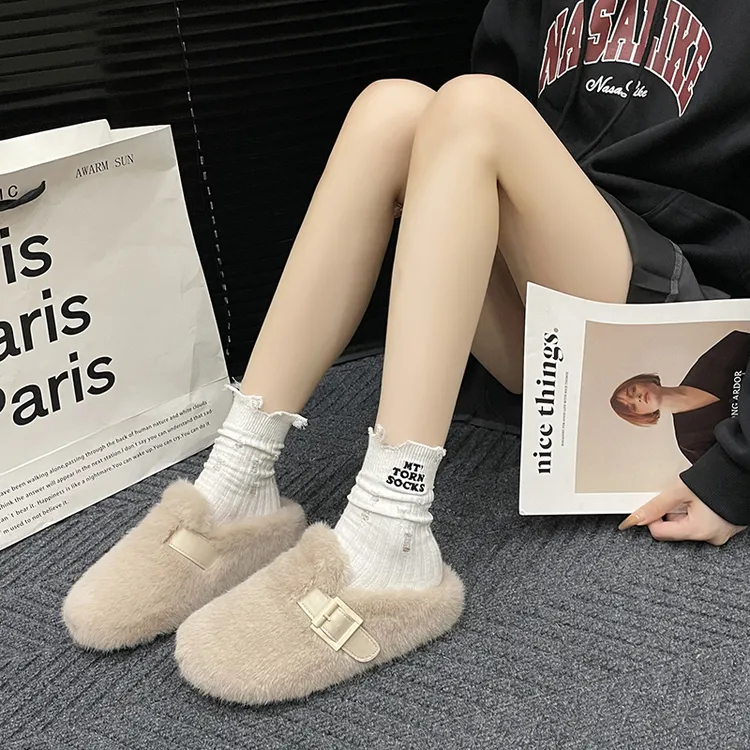 Tagabe毛毛拖鞋女秋冬款时尚加绒加厚保暖一脚蹬软底勃肯勃肯鞋商品图