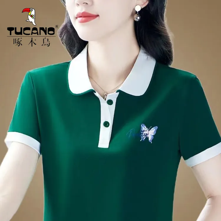 啄木鸟正品POLO领女士短袖t恤夏季薄款洋气宽松显瘦百搭翻领上衣