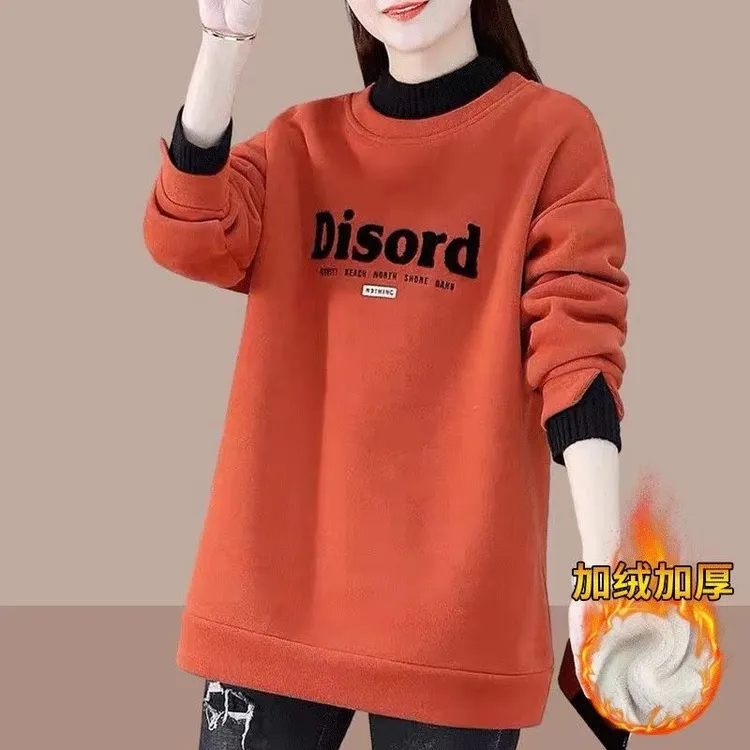 啄木鸟加绒休闲加厚中长款卫衣女2024秋冬季女打底衫冬季红色卫衣