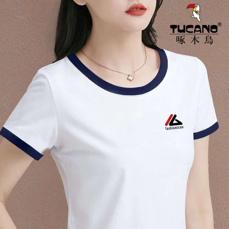 啄木鸟正品新款拼接圆领短袖t恤女春夏修身时尚显瘦半袖打底上衣