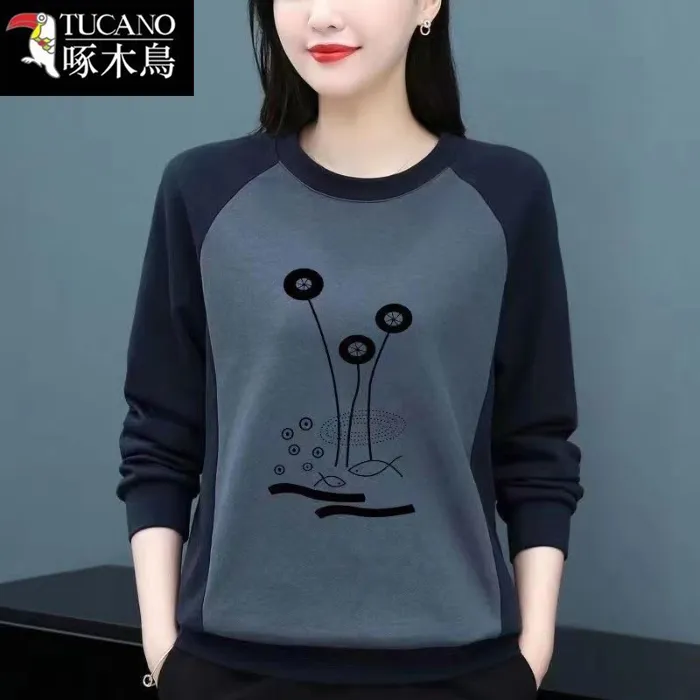 啄木鸟正品女士长袖拼接T恤新款百搭圆领卫衣半拉链内衬正肩上衣