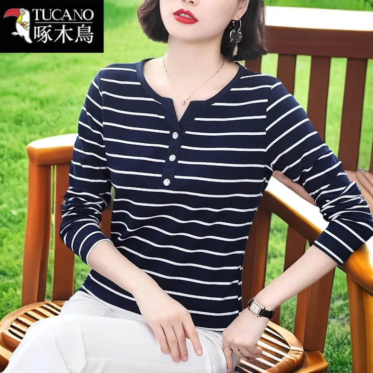 啄木鸟中年妈妈条纹长袖T恤2024秋冬新款时尚圆领女休闲小衫上衣 
