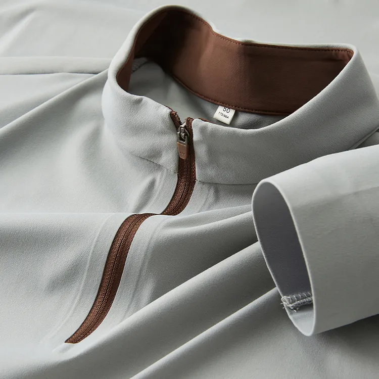 质量秋季款高级灰立领男士t恤长袖休闲户外运动速干半拉链打底衫