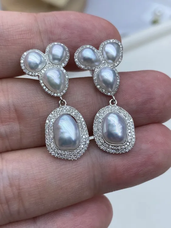 天然海水澳白keshi钻石耳钉18k白金极强光基本微微瑕70分钻石孤品