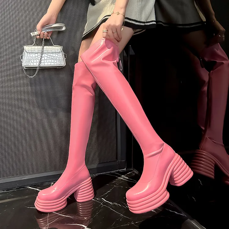 小个子厚底增高弹力靴子女2025爆款洋气白色高筒长靴粗跟骑士短靴