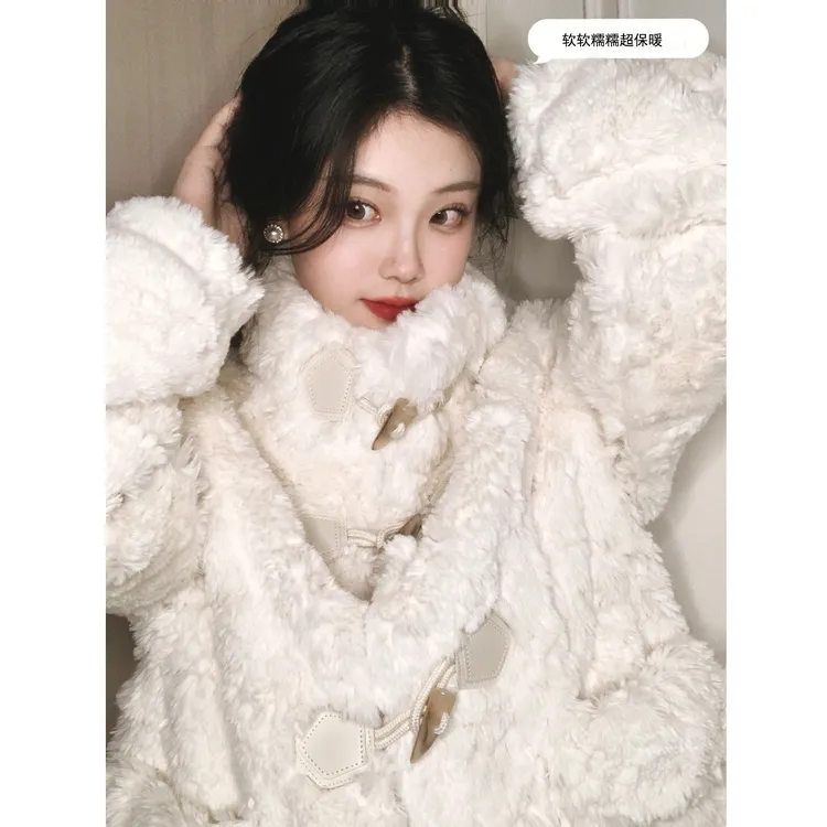 皮毛一体羊羔毛外套女2023冬新款加厚上衣复古牛角扣兔毛绒小香风