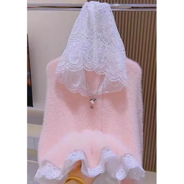 法式蕾丝拼接甜美水貂绒毛衣女秋冬季新款洋气上衣气质百搭打底衫