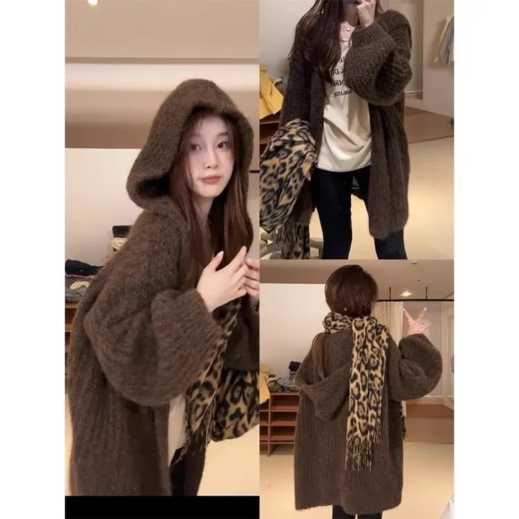 慵懒感软糯连帽毛衣外套女2025秋冬韩系宽松中长款针织外搭开衫厚