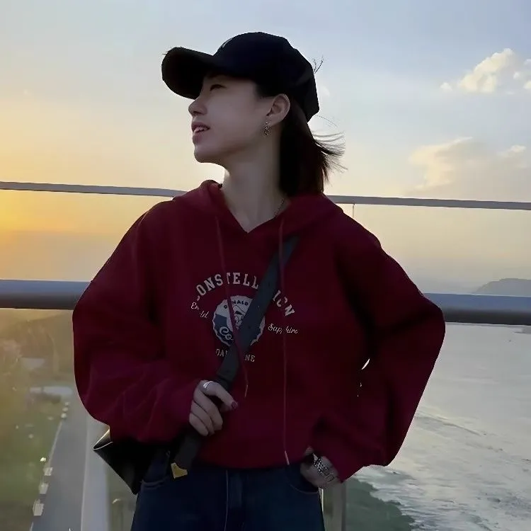 美式短款连帽小个子卫衣女春秋款2023新款爆款高级感长袖上衣潮