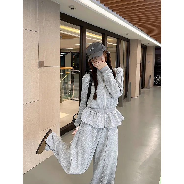 秋冬韩系慵懒风小众设计感长袖开衫立领外套上衣女高腰直筒休闲裤