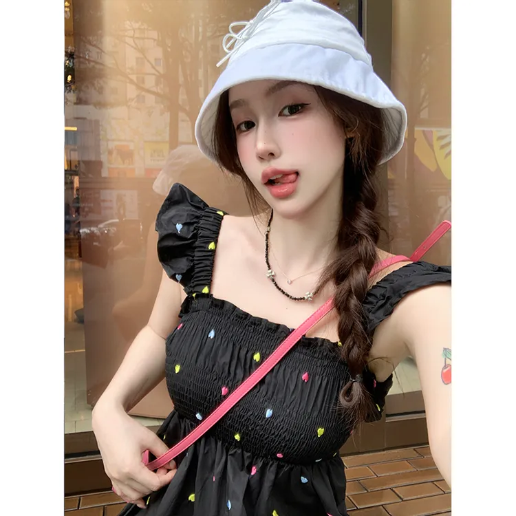 2025夏季新款彩色波点刺绣小飞袖方领连体裤甜美风减龄阔腿背带裤