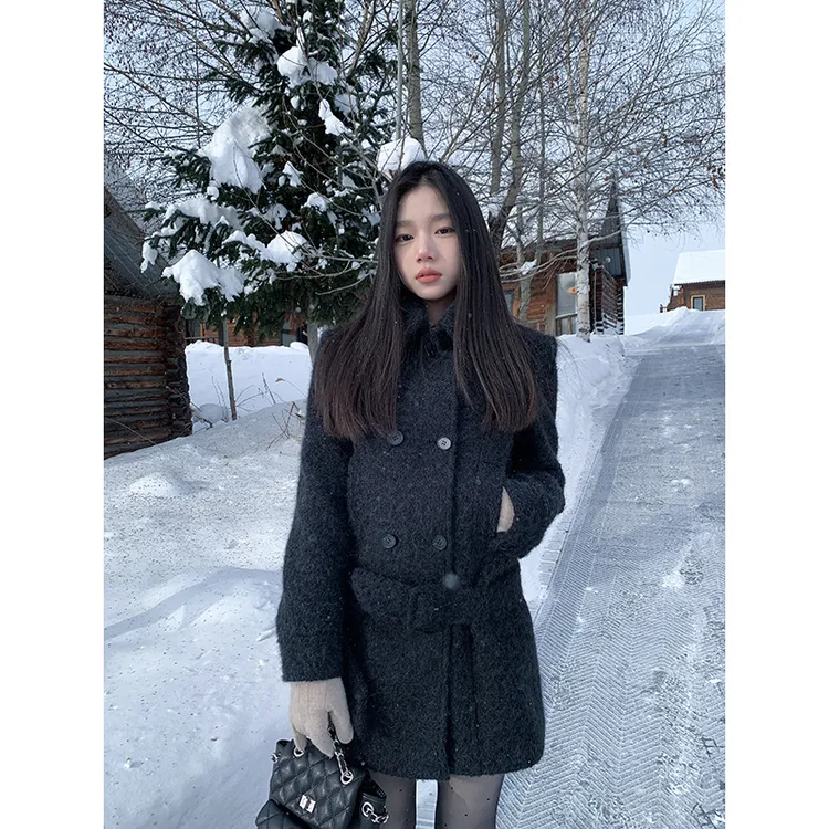 YOKALSS少女家 黑色保暖翻领单面呢外套千金风上衣N28076S44