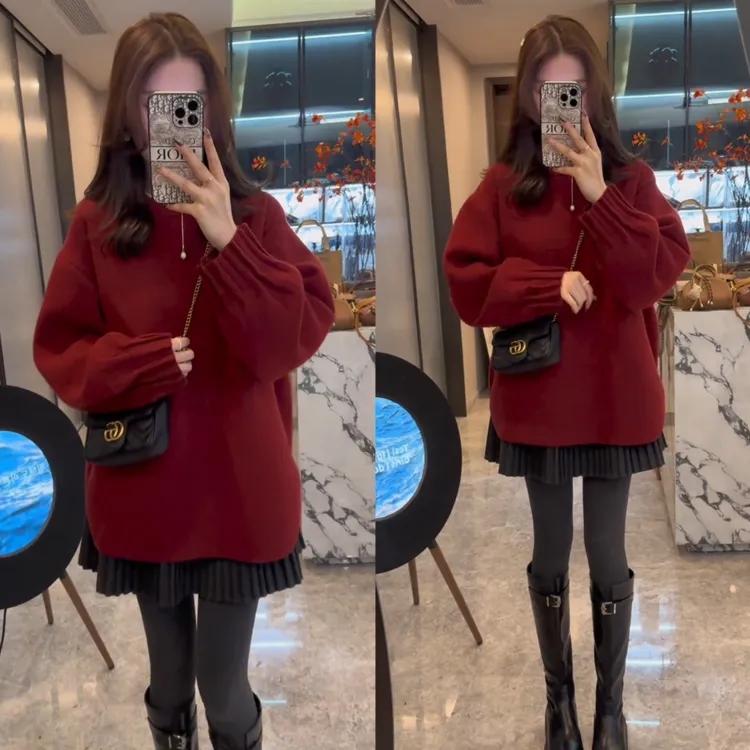 入冬韩版穿搭小个子独特绝美红色针织宽松慵懒风毛衣+半身裙套装