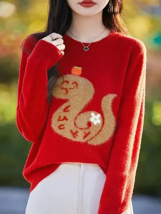 新年春节100羊毛衫女红色圆领加厚宽松生肖蛇年羊毛针织毛衣打底