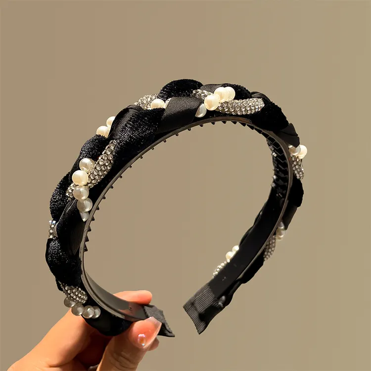 非金属布艺发饰 2025新款网红发箍珍珠时尚气质头箍镶钻编织发卡