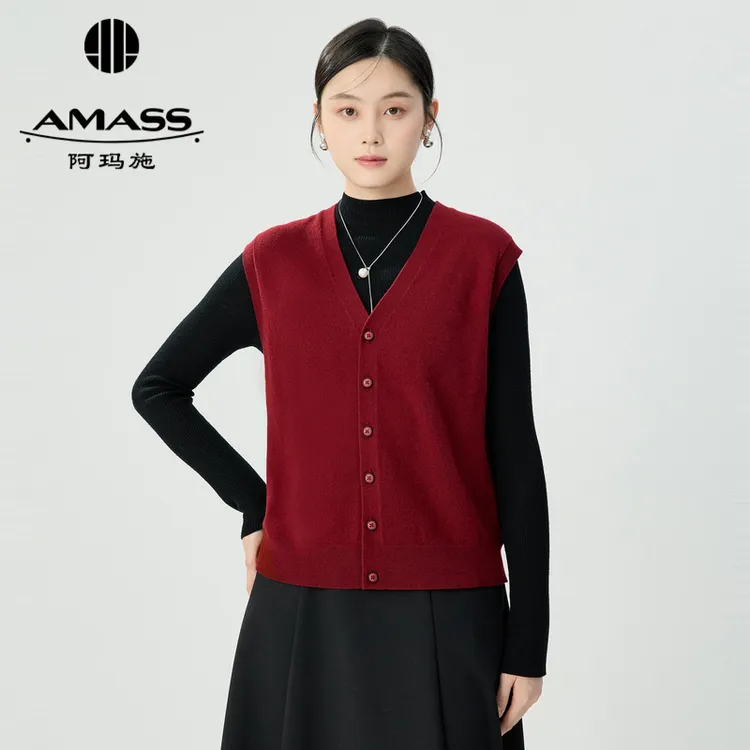 阿玛施AMASS新款时尚慵懒随性显瘦宽松V领针织马甲开衫女5499269