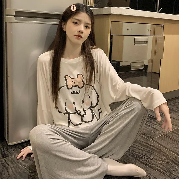 睡衣女款春秋季莫代尔长袖新款可爱秋款宽松时尚阔腿裤家居服套装
